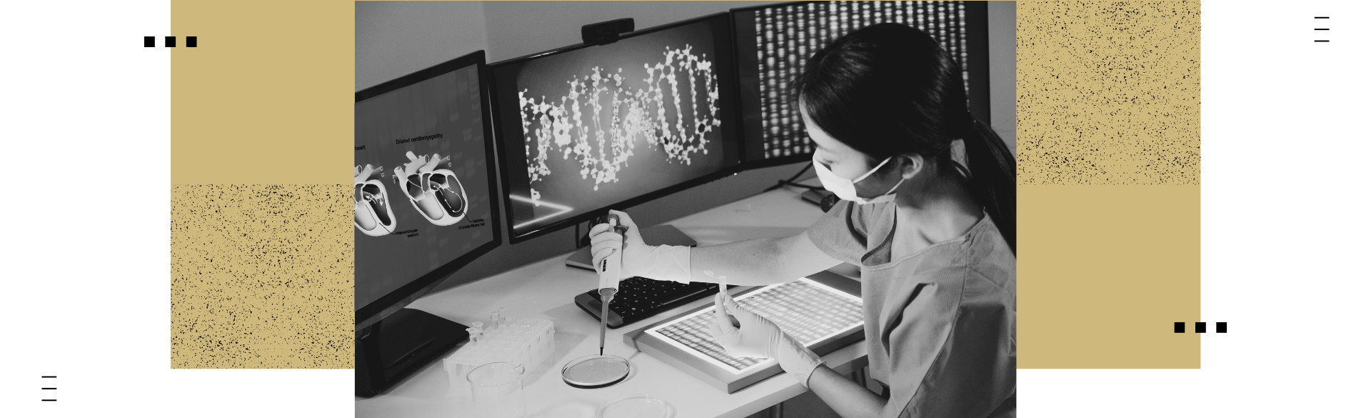 Woman researcher in front of computers screens illustrating hearts works with a petri dish
