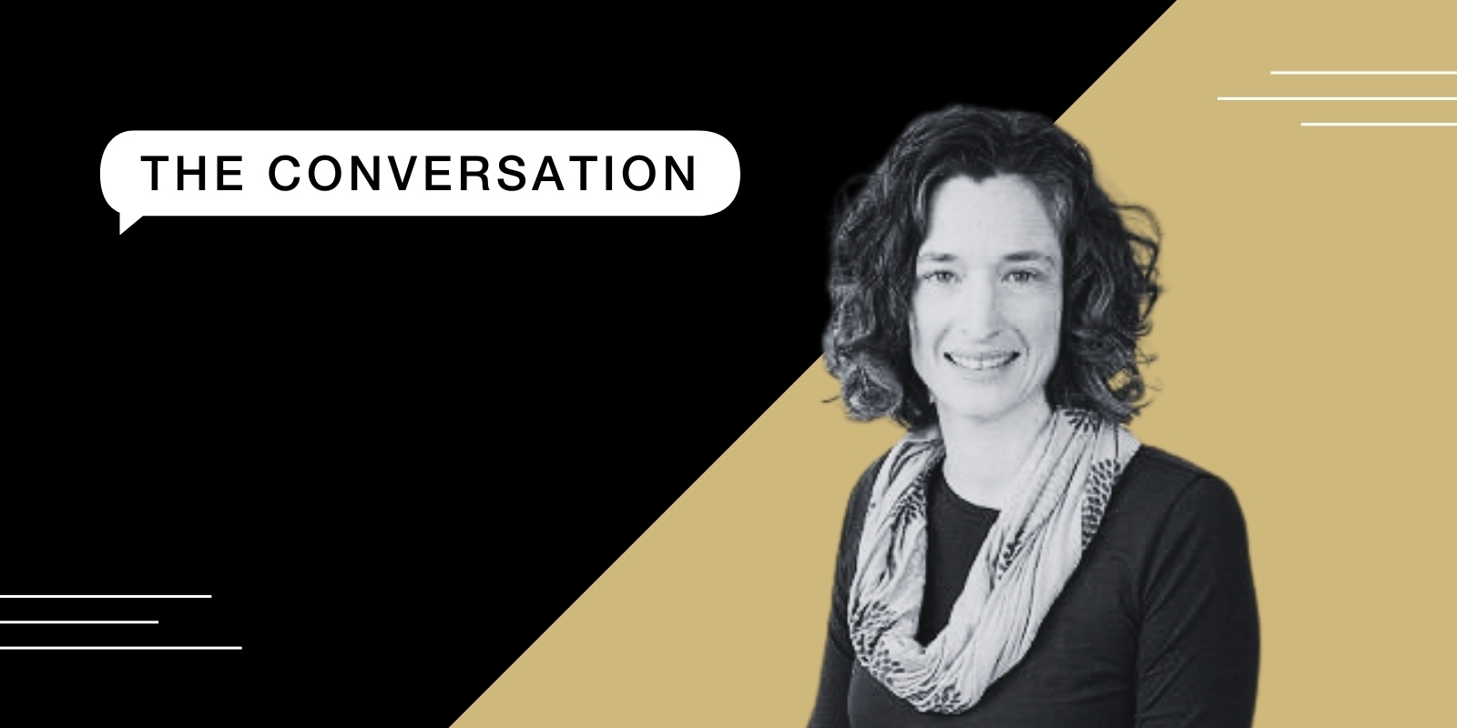 An image featuring Kate Coleman Minahan, FNP-BC, in black and white over a background split with gold and black bands. In the corner the words, The Conversation appear in a white bubble.